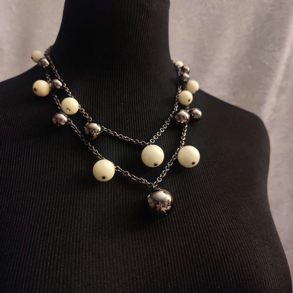 KJL Kenneth Jay Lane Pewter Gray & White Ball Double Strand Necklace Signed 18"